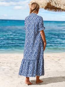 Sylviya 女式 V 领荷叶边饰腰带摆连衣裙，夏季 - 藍色 - 查看 2