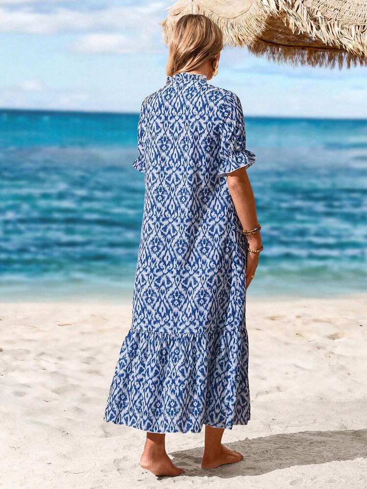 Women's V-Neck Ruffle Trim Tie Waist Swing Dress, Summer