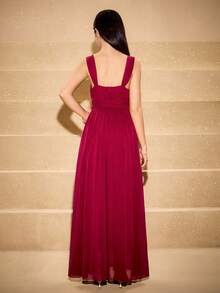 优雅薄纱缎面露背连衣裙，适合少女、花童、婚礼、舞会、万圣节、圣诞节、勃艮第酒红色、青少年、女孩