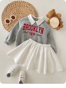 SHEIN 2 件女婴可爱字母图案翻领运动衫和迷你裙套装，秋冬 - 彩色 - 查看 1