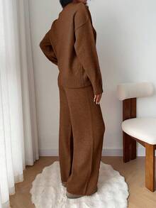 Flirla 2pcs Women Casual Solid Color Round Neck Long Sleeve Loose Knit Pullover Sweater Set - Brown - View 2