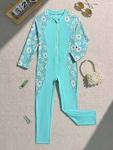 小女孩连体泳衣，花卉拼接长袖和长裤，保守遮盖，适合游泳、海滩、度假 - 藍色 - 查看 3