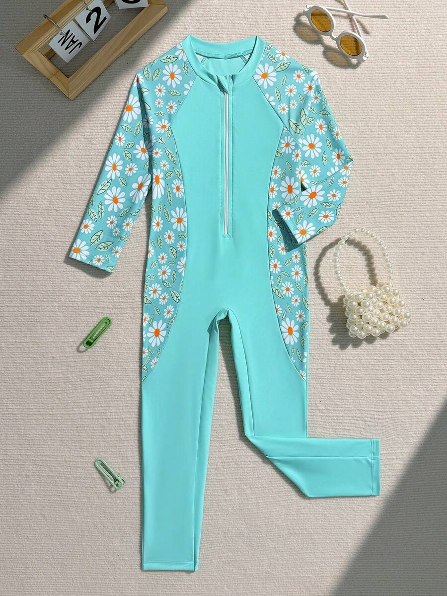 Young Girls One-Piece Swimsuit,Floral Patchwork Long Sleeve & Pants,Conservative Rash Guard Kids Swimsuits With Zipper For Summer,Beach,Holiday - Blue - View 1