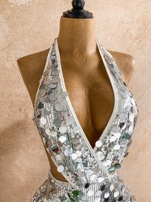 Soleia 女式纯色亮片性感深V领挂脖迷你连衣裙 - 銀色 - 查看 6