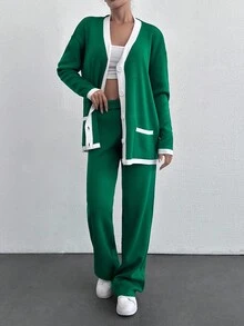 SHEIN Cottnline 2pcs/Set Women Contrast Color Block Front Button Closure Long Sleeve Top And Pants Casual Suit - Dark Green - View 3