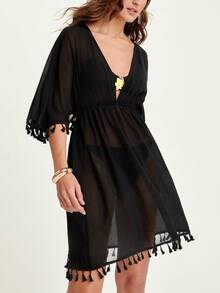 CAJUNI Vestido de playa informal de cuello en V y mangas de murciélago en color negro para mujer - Vacaciones - Traje de baño - Tropical - Negro - Ver 5