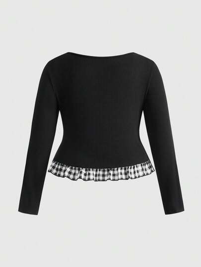 Kawaii Suéter de punto con cuello de lazo a cuadros blanco y negro estilo Kawaii Y2K, talla grande, Blusa de punto a cuadros de 2 en 1 elegante y femenina, talla grande, Camisa de mujer de talla grande para otoño/invierno, Blusa negra de 2 en 1 de talla grande para mujer