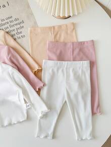 SHEIN Set de 6 piezas de top de manga larga de color liso y pantalones de cintura elástica para bebé niña recién nacida, para otoño/invierno