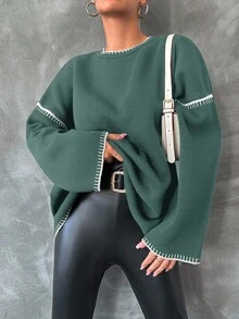 EURMUSE Women'S Round Neck Batwing Sleeve Sweater - Dark Green - View 5