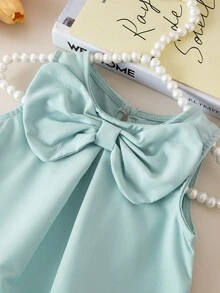 Elladie kids Baby Girls' Elegant Sleeveless Bow Decor Ruffle Mesh Hem Dress, Spring/Summer - Aqua Green - View 5