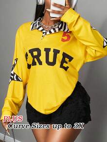 Slaydiva 新款夏季休闲街头运动风复古学院风POLO领翻领半开襟落肩长款斑马纹领TRUE英文印花5号斑马星图案姜黄色印花女式加大码T恤 - 黃色 - 查看 3