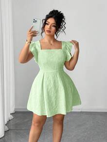 Elenzga Đầm xòe tay bèo nhún Jacquard màu trơn phong cách nghỉ dưỡng thanh lịch cỡ lớn cho nữ, mùa hè - Màu xanh Bạc hà - Xem 7