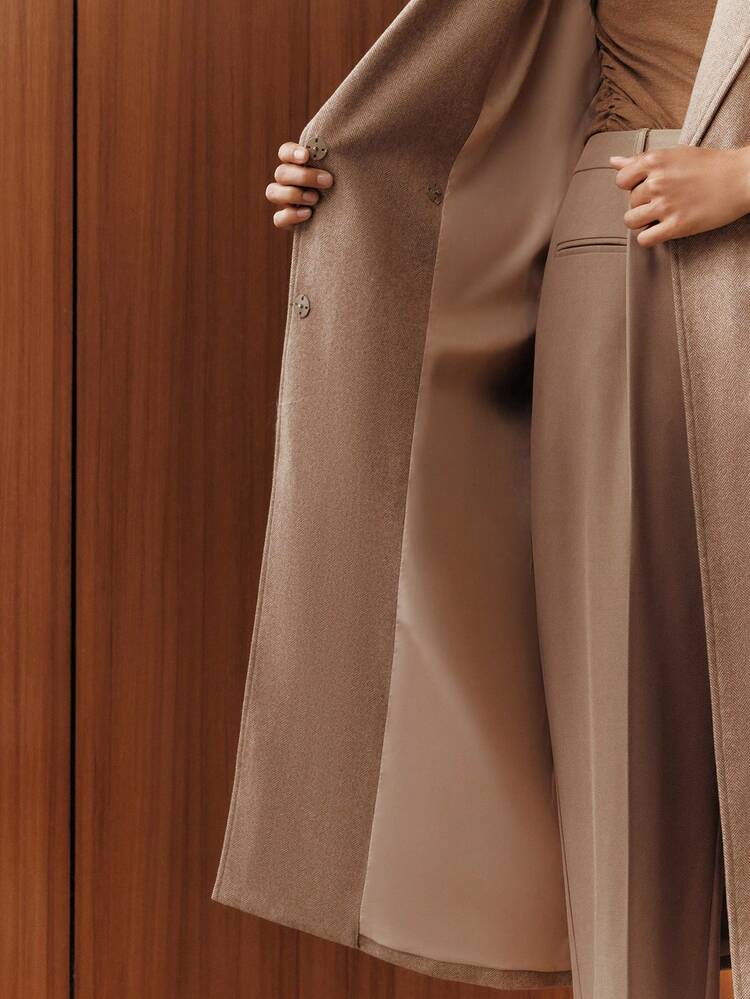 女性用エレガントなベルト付き ロング ウール混コート、秋、冬、外出、フォーマル、パーティー、シック、新年に活躍する多用途でファッショナブル