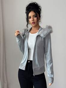 Elenzga 女士秋冬迷彩拼布针织连帽拉链运动衫，带口袋，灰色，适合万圣节、圣诞节、沙特国庆节、新年派对、毕业典礼、角色扮演 - 淺灰色 - 查看 5