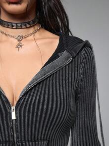 ROMWE Grunge Punk Punk Style Ribbed Zip-Up Hooded Cardigan For Women - Grey - View 2