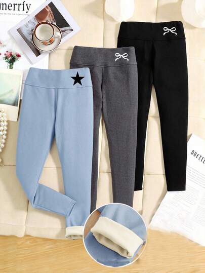 3pcs/Set Tween Girls' Knit High Waist Thermal Lined Leggings, Pink, Black, Gray With Embroidered Patterns