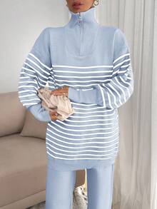 EURMUSE Women Stripe Pattern Zip Detailed Neck Drop Shoulder Pullover & Sweater Pants Set - Baby Blue - View 3