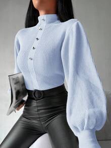 EURMUSE Pull col roulé décontracté avec boutons, automne/hiver pour femmes - Bleu ciel - Voir 6