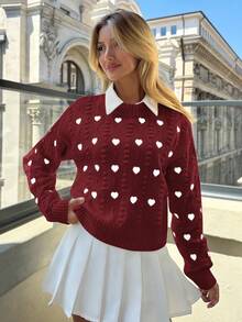 EURMUSE Heart Embroidery Textured Knit Crewneck Pullover - Rose Red - View 4