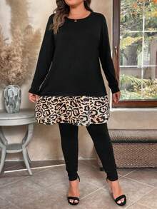 Momelise Bộ 2 món cỡ lớn cho nữ - Áo thun họa tiết da báo rộng rãi và quần legging bó, trang phục thường ngày, mặc hàng ngày, Thu/Đông - Nhiều màu - Xem 5