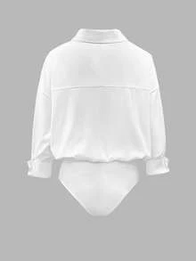 INAWLY Women's Daily Casual Solid Color Minimalist Long Sleeve White Shirt Bodysuit