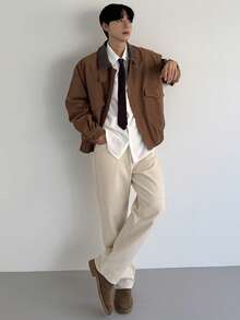 DAZY Men's Brown Patchwork Collar Design Jacket And Coat, Autumn - Brown - View 5