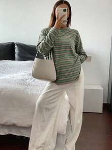 DAZY 女士条纹宽松圆领落肩长袖休闲T恤 - 咖啡棕 - 查看 4