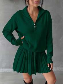 EURMUSE 女士纯色拉链领落肩套头衫和毛衣裙套装 - 綠色 - 查看 2
