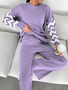 EURMUSE 2pcs Women Casual Loose Knit Sweater Top And Pants Set - Lilac Purple - View 3