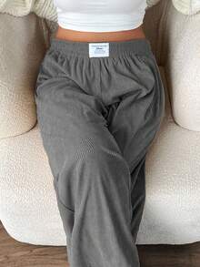 SHEIN EZwear Quần ống rộng cạp cao dáng rộng cỡ lớn dành cho nữ, vải nhung kẻ có túi và thiết kế miếng vá, phù hợp mặc ở trường học, mặc hàng ngày, làm việc trong nhà, màu xám nhạt, mùa thu/đông - Màu Xám nhạt - Xem 7