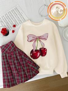 SHEIN 青少年女孩樱桃蝴蝶结可爱图案连帽衫套装，格子红色百褶迷你裙