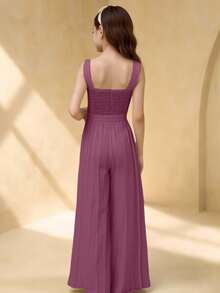 青少年女孩圆领无袖腰部拼接褶皱优雅派对连体裤 - 紫色 - 查看 2