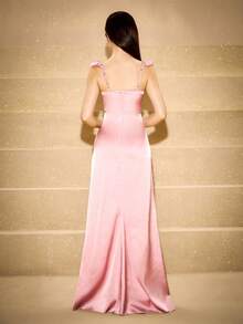青少年伴娘缎面无袖束腰长裙，适合婚礼、舞会、生日派对、万圣节、毕业典礼 - 藕粉色 - 查看 2