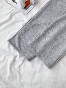 SHEIN Tween Girls Grey 87 Embroidered Low Waist Ribbed Contrast Color Drawstring Tie Slant Pocket Wide Leg Loose Casual Sweatpants For Daily, Vintage Sports - Light Grey - View 5
