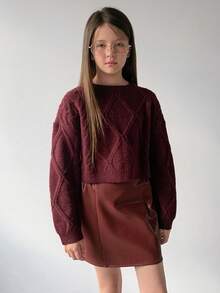 DAZY 2pcs/Set Tween Girls Pullover Sweater & PU Leather Skirt Outfit, Fall