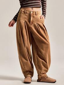Easelle Women's Simple Casual Brown Jeans, Washed Denim, Autumn/Winter Party/Holiday Style, 2025, Retro Casual Trousers, Wide-Leg Pants