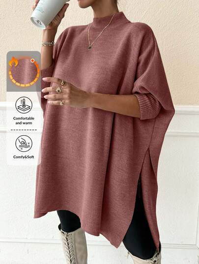 EURMUSE Women Solid Color Mock Neck Half Sleeve Oversize Pullover