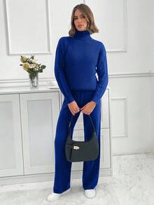EURMUSE Turtleneck Drop Shoulder Sleeve Sweater And Pants Set,Co Ords Sets Women,Petite Co Ord,Co Ord,Petite,Winter Clothes - Blue - View 4