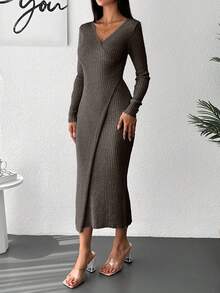 EURMUSE Women's Solid Color V-Neck Long Sleeve Ribbed Fitted Elegant Casual Knit Dress, Fall Work Everyday Coffee Brown - Mocha Brown - View 7