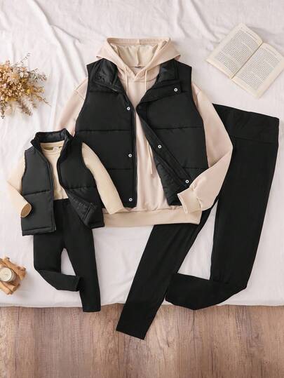 2pcs Baby Girl Solid Color Zip Front Vest, Hooded Long Sleeve Sweatshirt And Pants Casual Outfit, Winter Girls Winter Outfit Sets Baby Girl Winter Clothes Baby Girl Winter Two Pieces Set Matching Winter Outfits Fall