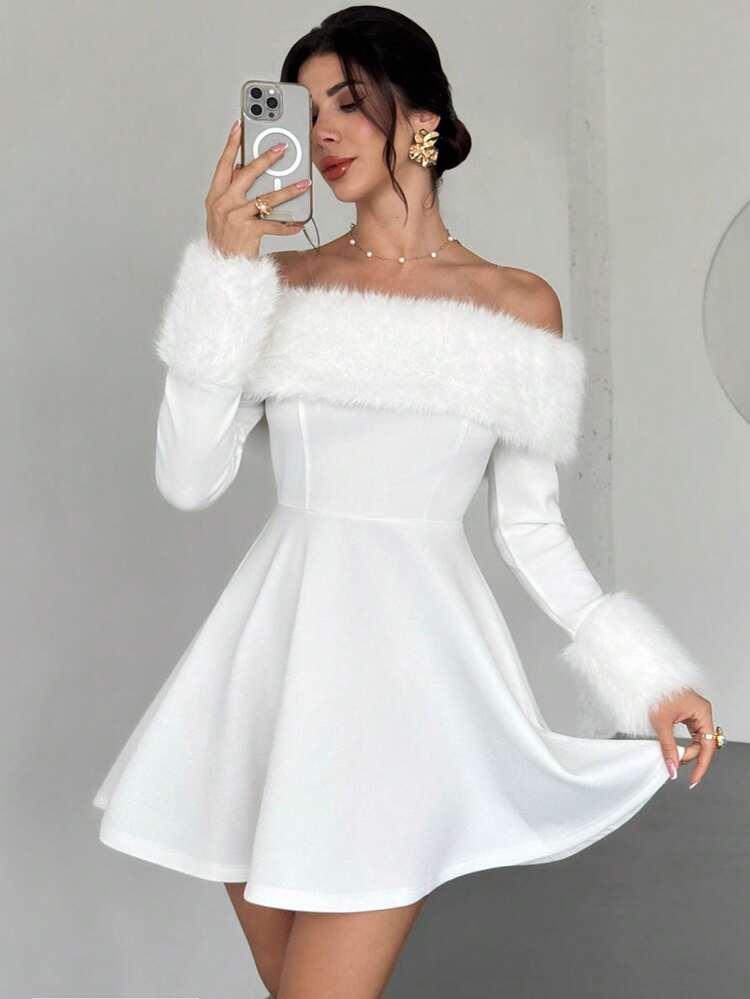 Firerie Women's Elegant Fur Collar Splicing Off-The-Shoulder Mini Dress, White Dress, Festival Dress/Umbrella Skirt/Elegant Dresses For Party/Thanksgiving Outfits For Women/ New Year Dress/Winter Dresses For Women/Fall Clothes/White Dress New Year/Party Dress/Cozy Fall And Winter Clothes For Women/Christmas Dress,Dresses For Women Elegant - White - View 7