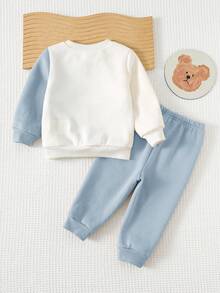Cozy Pixies 2pcs Baby Boy Cartoon Animal Print Knit Soft Crew Neck Long Sleeve Pullover Sweatshirt And Elastic Waist Jogger Pants Set - Dusty Blue - View 2