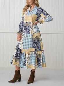 SHEIN LilyWest Váy họa tiết hoa Bohemian phối màu cho nữ có tua rua, viền nhún bèo, tay dài, cổ buộc, dáng rộng, nhiều màu, mùa thu - Nhiều màu - Xem 3