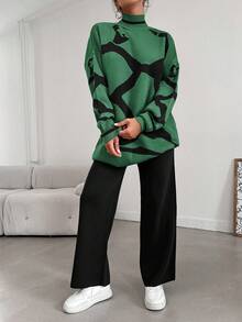 RueChic Conjunto De 2 Piezas De Suéter Largo Para Mujer Con Cuello De Tortuga Y Pantalones De Punto - Verde - Ver 3