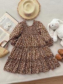 Blossori Vestido de niña con mangas abullonadas, fruncido y estampado floral elegante en marrón - Multicolor - Ver 2