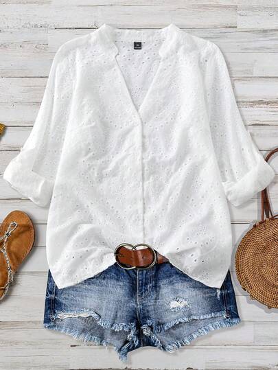 EMERY ROSE 优雅通勤可爱花卉休闲女式时尚百搭畅销蕾丝刺绣 3D 镂空花卉面料 V 领短袖印花白色加大码衬衫