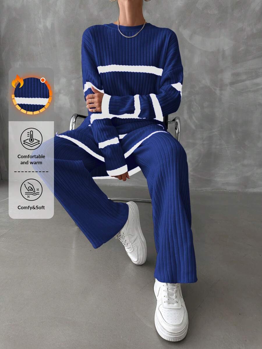 EURMUSE Women's Drop Shoulder Striped Sweater 2pcs/set - Blue - View 1