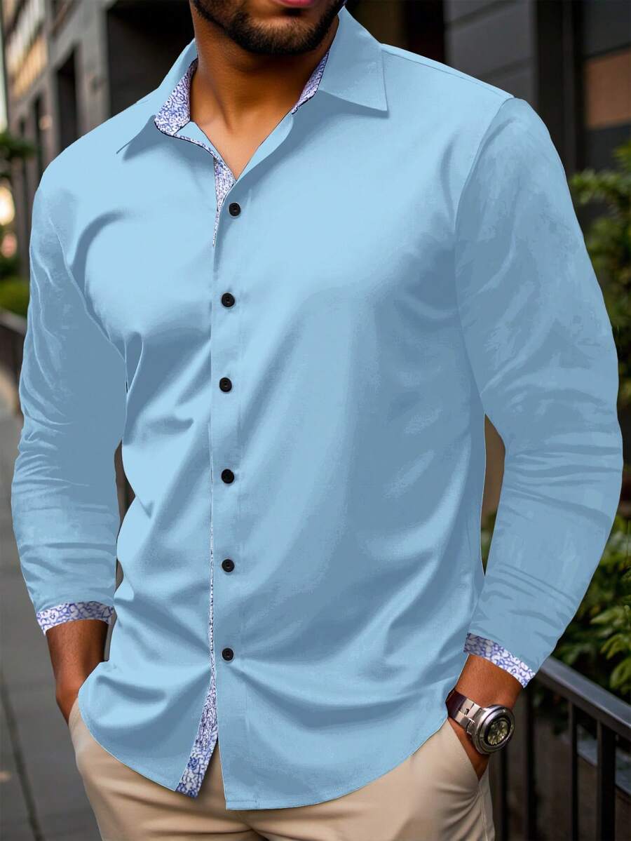 Manfinity Homme Kemeja Kasual Pria Ukuran Besar Motif Patchwork, Musim Gugur, Lengan Panjang - Baby Blue - View 1