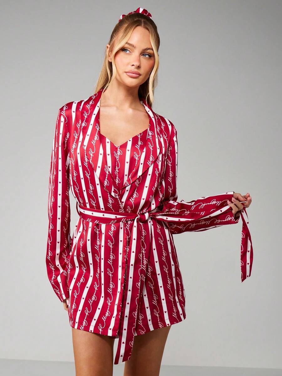 MISSGUIDED Christmas Holiday Striped Lounge Robe With Hearts And Script Print Belt Tie Closure