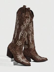 Daringsoles Women's Western Style Pointed Toe Chunky Heel Embroidered Tall Boots, Autumn/Winter New Arrival - Brown - View 1